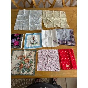 Vintage Handkerchief Lot Floral Embroidered Cotton Mixed Print 9 Piece Hankies